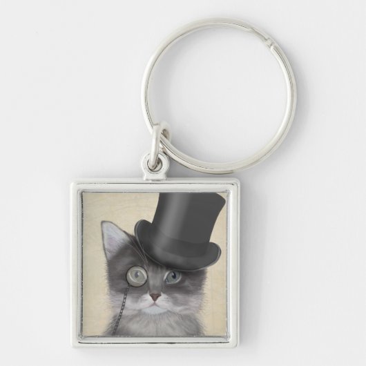 Graue Katze mit Top Hat Schlüsselanhänger (Vorne)