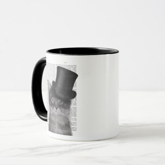 Graue Katze mit Top Hat Tasse (Vorderseite Links)