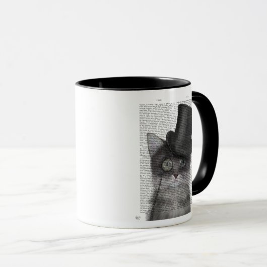Graue Katze mit Top Hat Tasse (VorderseiteRechts)