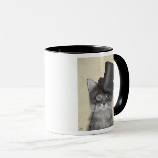Graue Katze mit Top Hat Tasse (VorderseiteRechts)