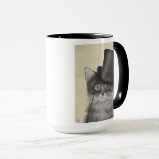 Graue Katze mit Top Hat Tasse (VorderseiteRechts)
