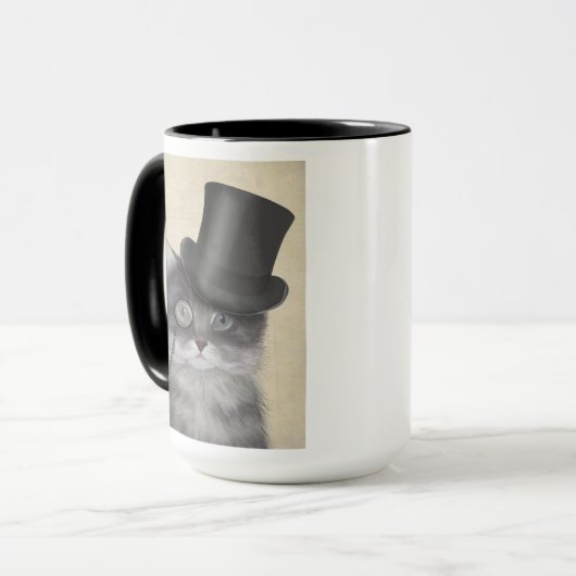 Graue Katze mit Top Hat Tasse (Vorderseite Links)