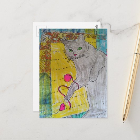 Graue Katze Mixed-Media-Collage Postkarte (Vorderseite/Rückseite Beispiel)
