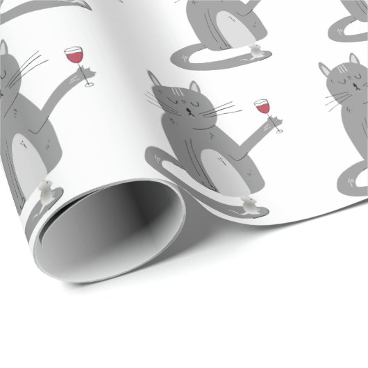 Graue Katze und Maus mit Wein Geschenkpapier (Rolleneckpunkt)