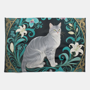 Graue Katze Verzierte Blumenrahmung Geschirrtuch