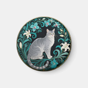 Graue Katze Verzierte Blumenrahmung Magnet