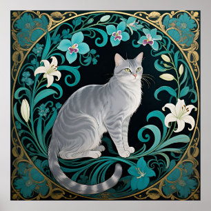 Graue Katze Verzierte Blumenrahmung Poster