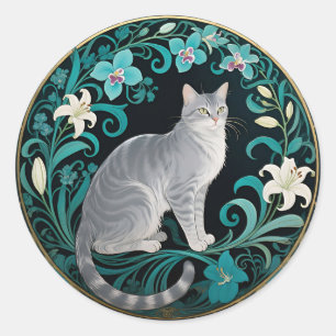 Graue Katze Verzierte Blumenrahmung Runder Aufkleber