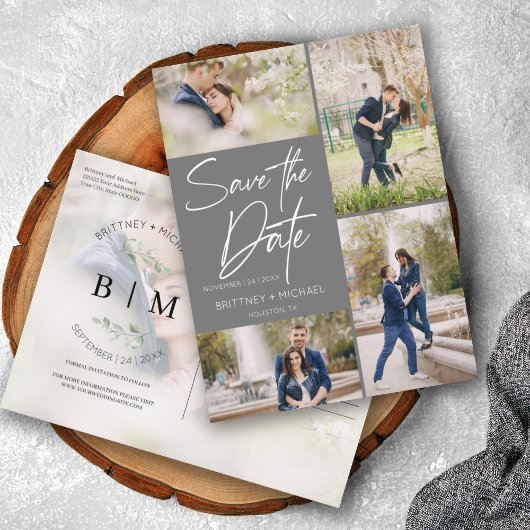 Graue Kollage Save the Date mit Handschrift Ankündigungspostkarte