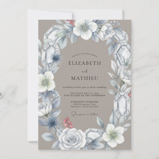 Graue Kristall-Blumenbogen-Hochzeit Einladung (Vorderseite)