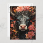 Graue Kuh mit Curly Hair in den Blume Postkarte (Vorne/Hinten)