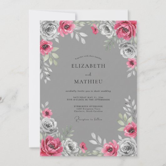 Graue lebendige florale Hochzeit Einladung (Vorderseite)