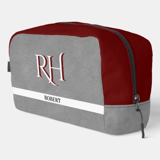 Graue Ledertextur Trim Custom Monogram Name Waschbeutel (Rechte Ecke)
