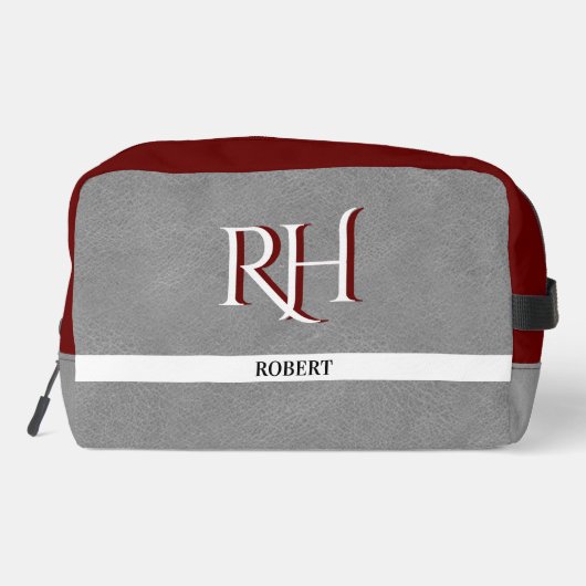 Graue Ledertextur Trim Custom Monogram Name Waschbeutel (Rückseite)