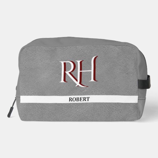 Graue Ledertextur Trim Custom Monogram Name Waschbeutel (Rückseite)