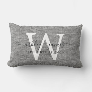 Graue Leinen Weiße Monogramm-Hochzeitsandanken Lendenkissen