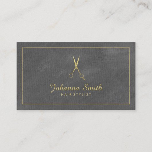 Graue Leinwand Golden Frame & Scissors Haarstylist Terminkarte (Vorderseite)