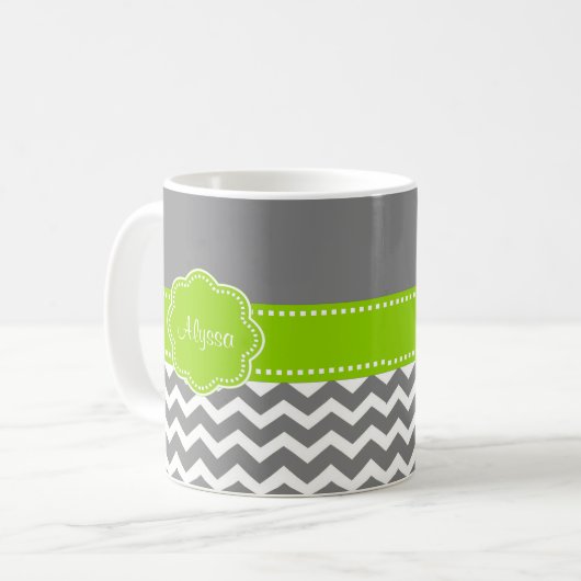 Graue Limone grüne Zickzack personalisierte Tasse (Vorderseite Links)