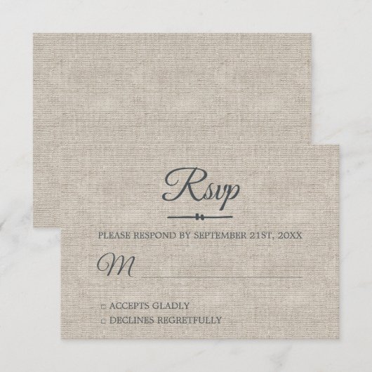 Graue Linen Chic Script Wedding RSVP Card Einladung (Vorne/Hinten)
