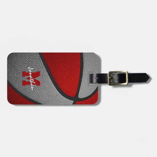 Graue Mannschaftsfarben mit Monogramm Basketball Gepäckanhänger (Vorderseite horizontal)