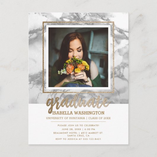 Graue Marble & Gold Glitzer Script Foto Abschluss Einladungspostkarte (Vorderseite)