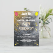 Graue Marmor & Gold Streamers glückliche Pensionie Einladung (Stehend Vorderseite)