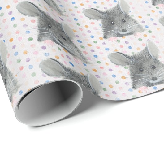Graue Maus auf Polka Dots Geschenkpapier (Rolleneckpunkt)