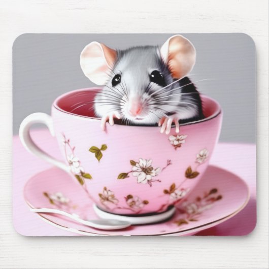 Graue Maus in Teacup Mousepad (Vorne)
