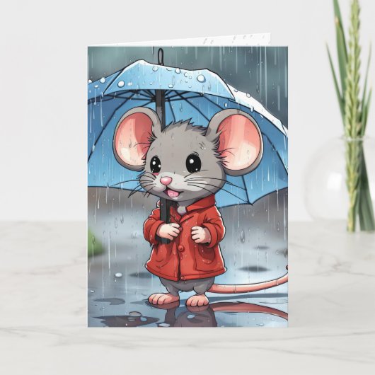 Graue Maus mit Regenschirm Karte (Vorderseite)