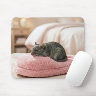 Graue Maus schläft auf einem rosa Pantoffel Mousepad