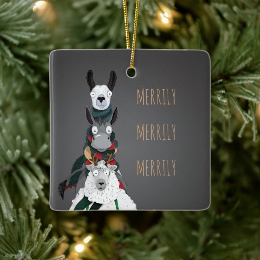 Graue "Merrily Merrily" Wintertiere Keramikornament (Baum)