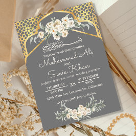 Graue Minimal Floral Gold Islamische Hochzeit Einladung