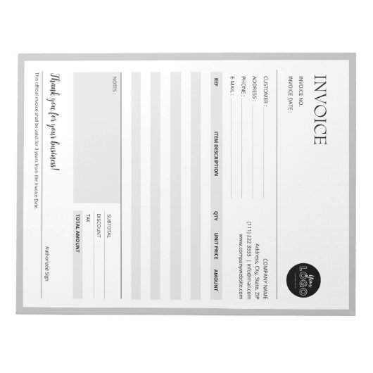 Graue Minimalistische Geschäftsrechnung - Verkaufs Notizblock (Vorderseite)