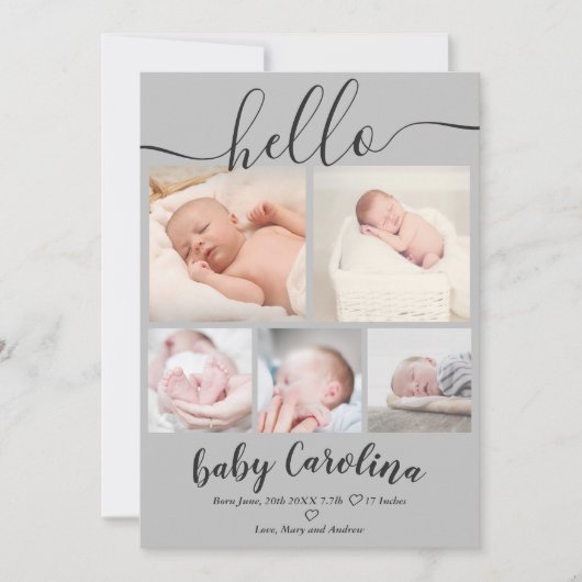 Graue, moderne 5-Grid-Foto-Geburt Ankündigung (Vorderseite)