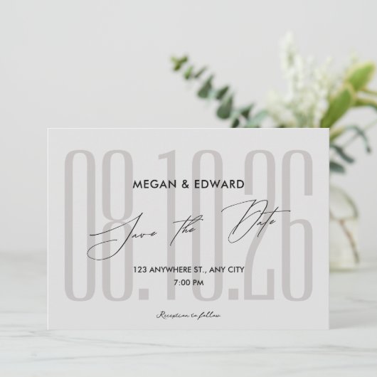 Graue moderne Hochzeit Save The Date (Stehend Vorderseite)