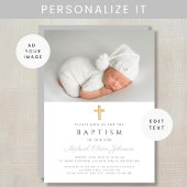 Graue moderne religiöse Cross-Foto-Taufe Einladung