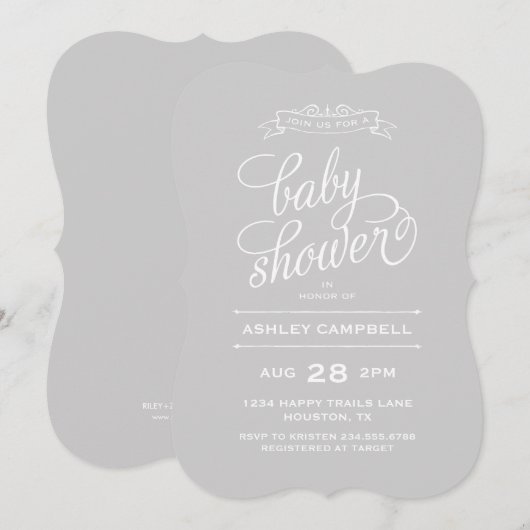 Graue moderne Typografie-Kinderdusche Einladung (Vorne/Hinten)
