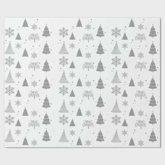 Graue, moderne Weihnachtsbaume und Schneeflocken Geschenkpapier (Flach)