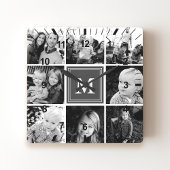 Graue Monogram-Familienfoto-Collage Quadratische Wanduhr