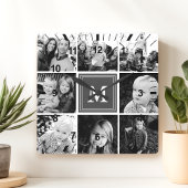 Graue Monogram-Familienfoto-Collage Quadratische Wanduhr
