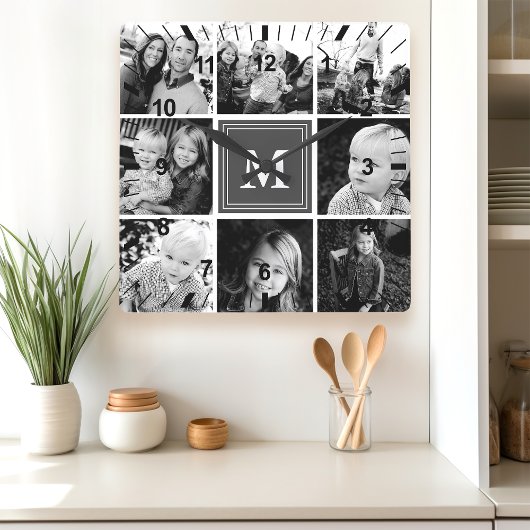 Graue Monogram-Familienfoto-Collage Quadratische Wanduhr