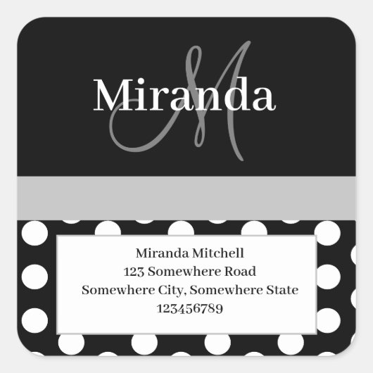 Graue Monogram White Polka Dot Rücksendeadresse Quadratischer Aufkleber (Vorderseite)