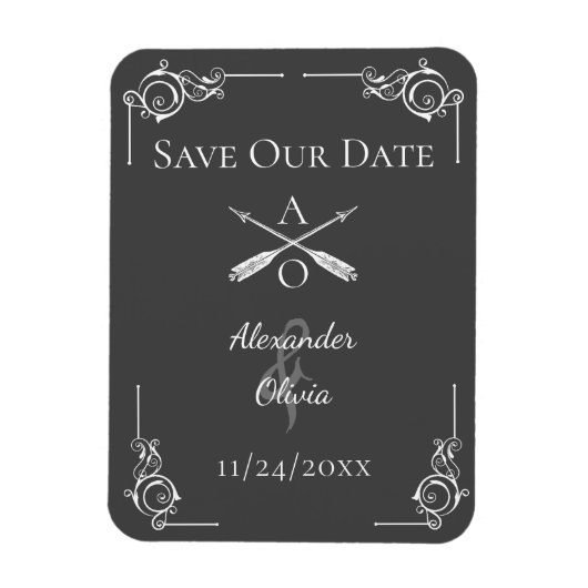 Graue Monogramm und Pfeile Save the Date Magnet (Vertikal)