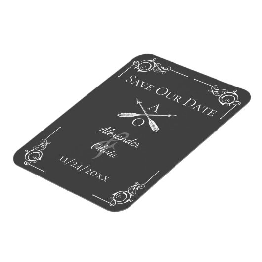 Graue Monogramm und Pfeile Save the Date Magnet (Linke Seite)