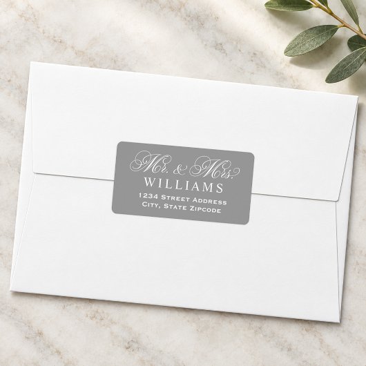 Graue Mr-und-Mrs-Script-Hochzeitsadresse Adressaufkleber