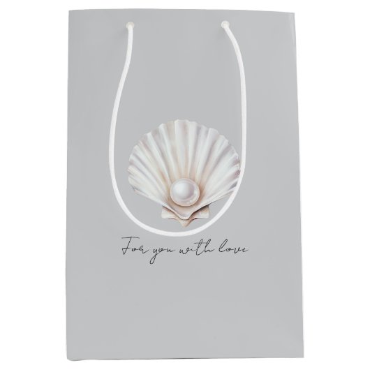 Graue Muschel Weiße Perlen Brautparty Mittlere Geschenktüte (Vorderseite)