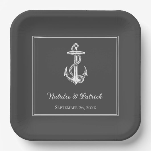 Graue Nautical Anchor Wedding Paper Teller (Vorderseite)