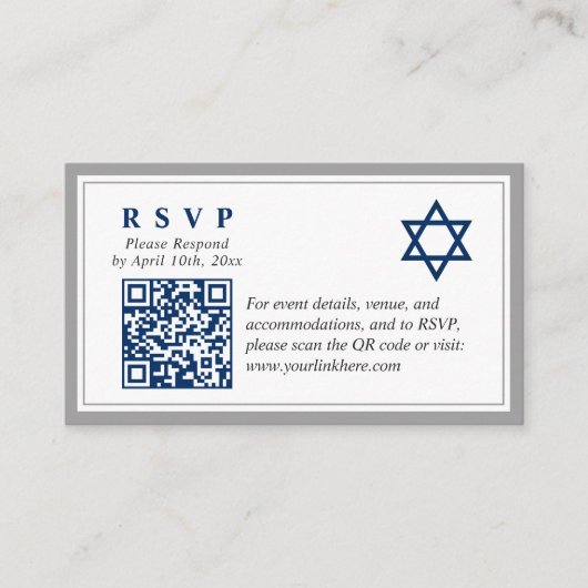 Graue Navy Blue Bar Mitzvah QR Code UAWG Budget Begleitkarte (Vorderseite)