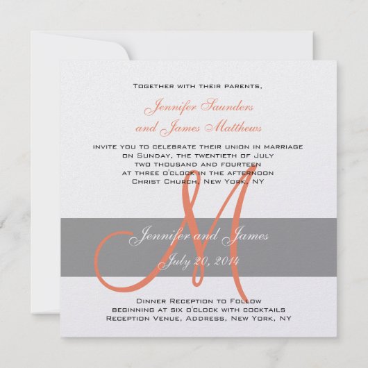 Graue orange Monogramm-Namen der Einladung (Rückseite)