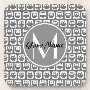 Graue Owls Muster benutzerdefinierte Monogramm, Pe Untersetzer